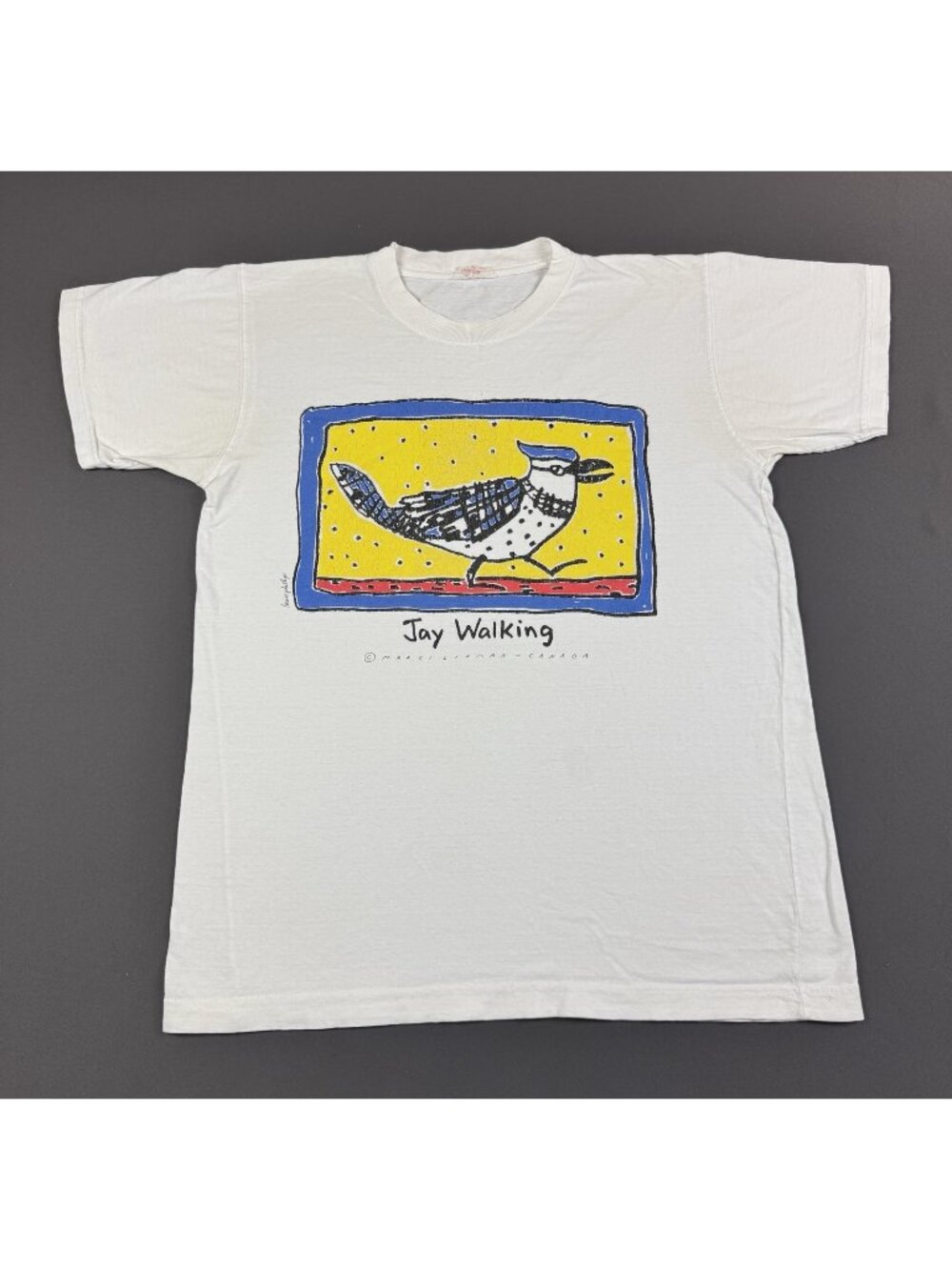 Rare Vintage 90s Marci Lipman Jay Walking Canada Bird Art Color Painting White T